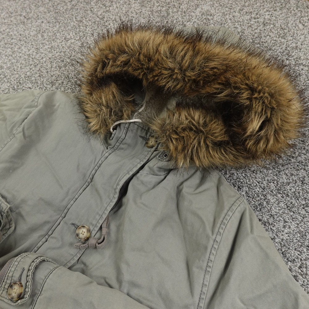 Abercrombie Fitch Jacket Womens XL Green Faux Fur Lined Military Parka Coat Y2K